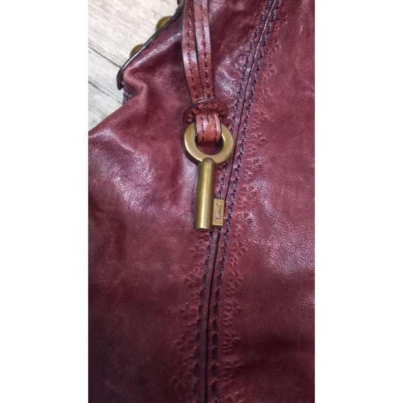 Fossil Leather Talita Embossed Large Boho Classic Red Shoulder Satchel Handbag - Picture 2 of 9